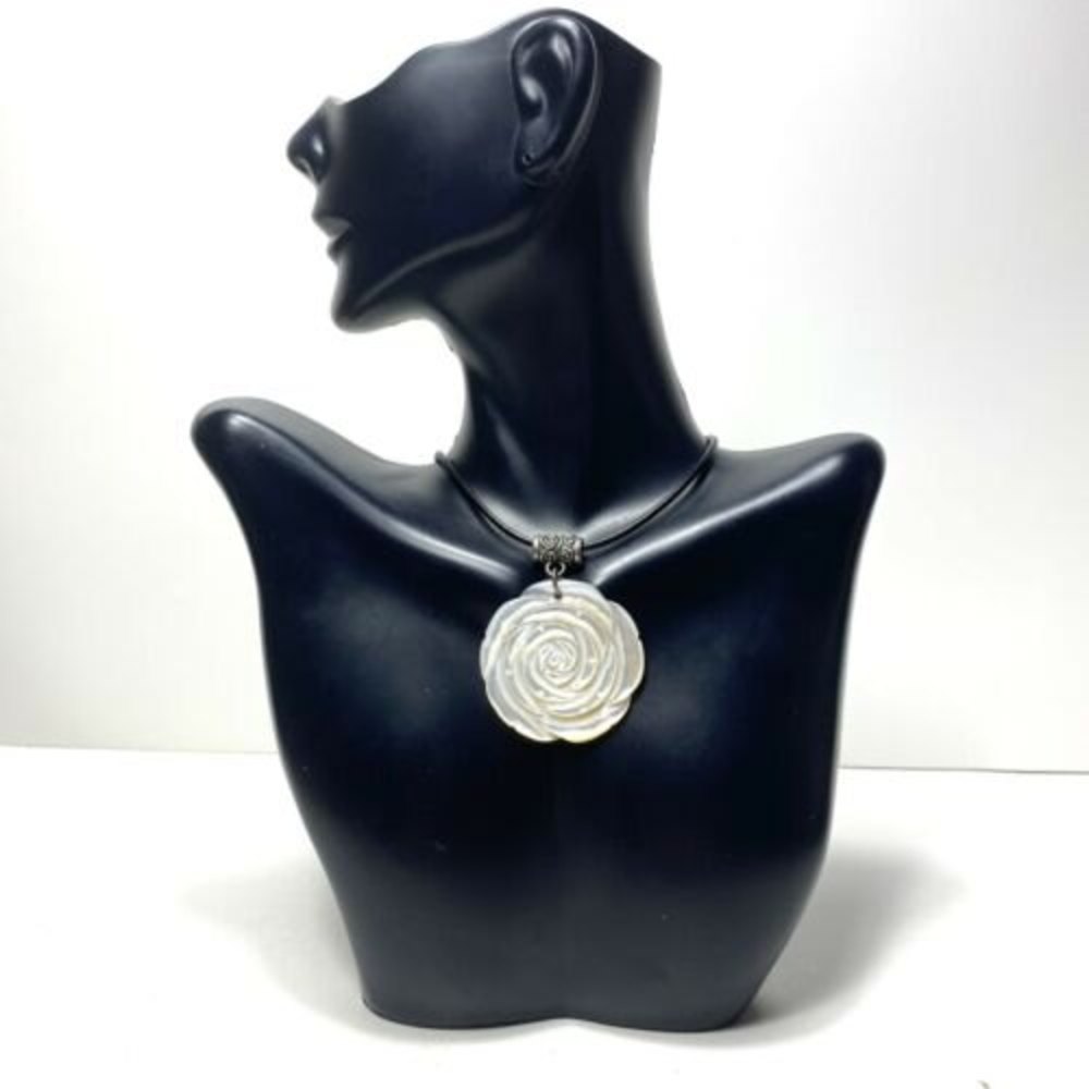 Sterling Silver Abalone Shell Necklace Carved Rose 925 Leather